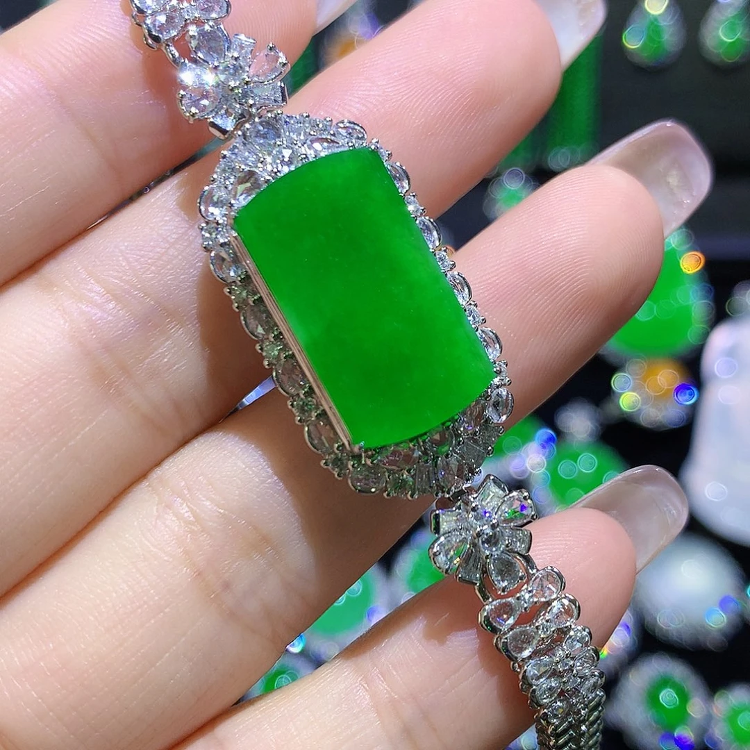 翡翠18K金镶嵌手链高冰满绿手链吊坠两用