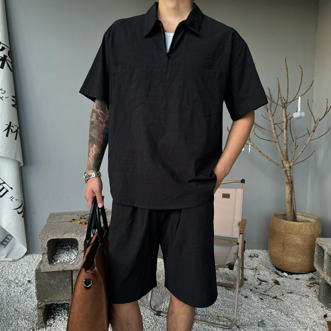 LIGGICC 夏季老钱风轻奢高级感亚麻套装男拉链POLO领短裤套装透气
