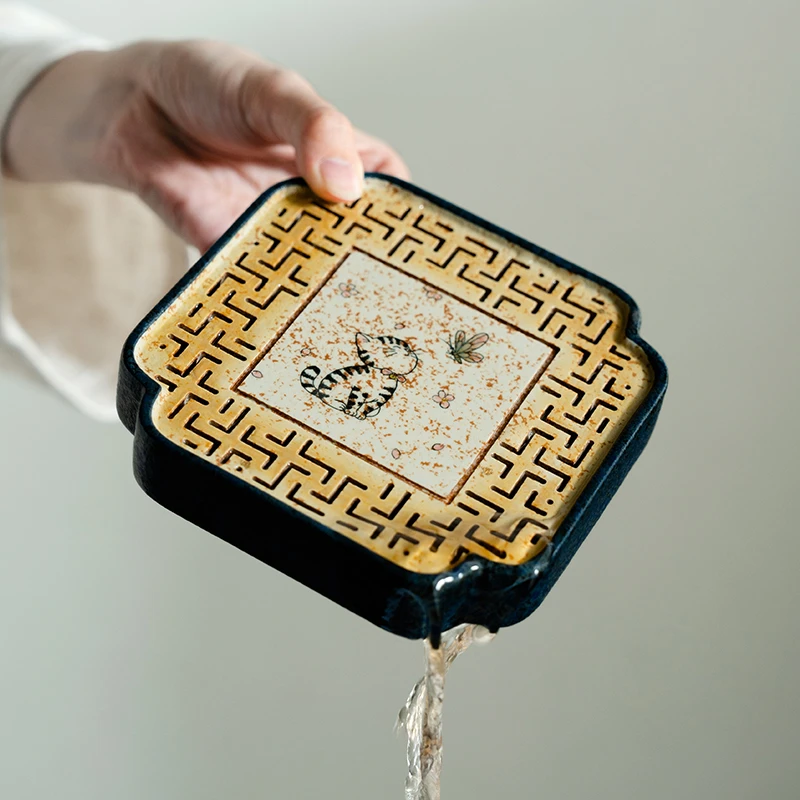 德白青花火石红纯手绘猫戏蝴蝶储水壶承家用干泡台茶托盘茶道配件