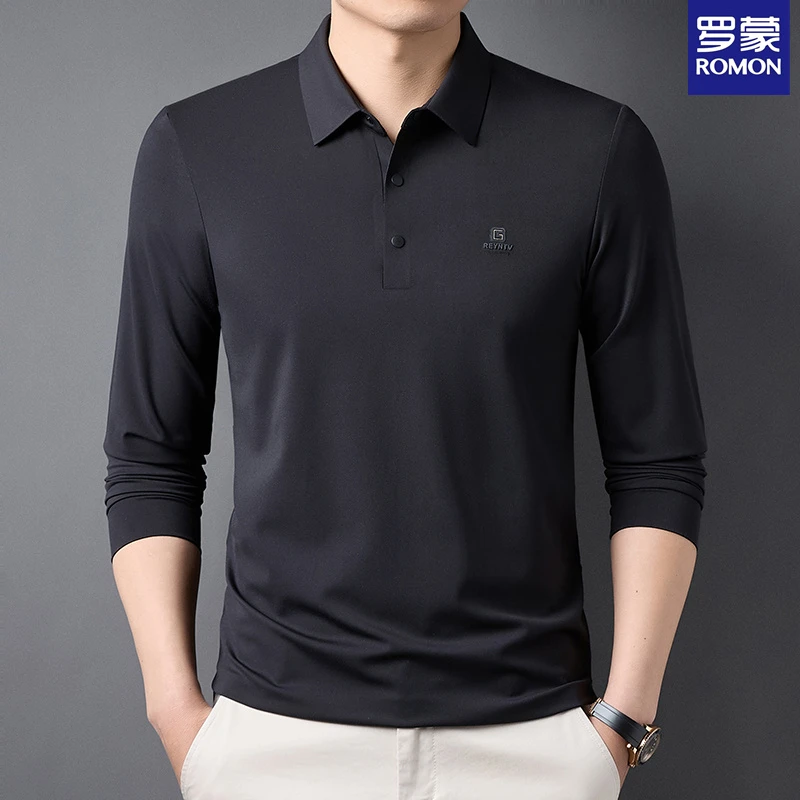 Romon/罗蒙【纯色带标】春季新款男士T恤长袖T899