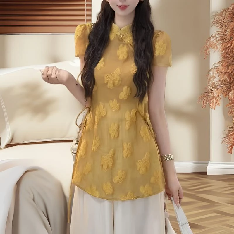 新中式短袖常规款衬衫复古法式修身立领短袖+裤子+美背三件套装