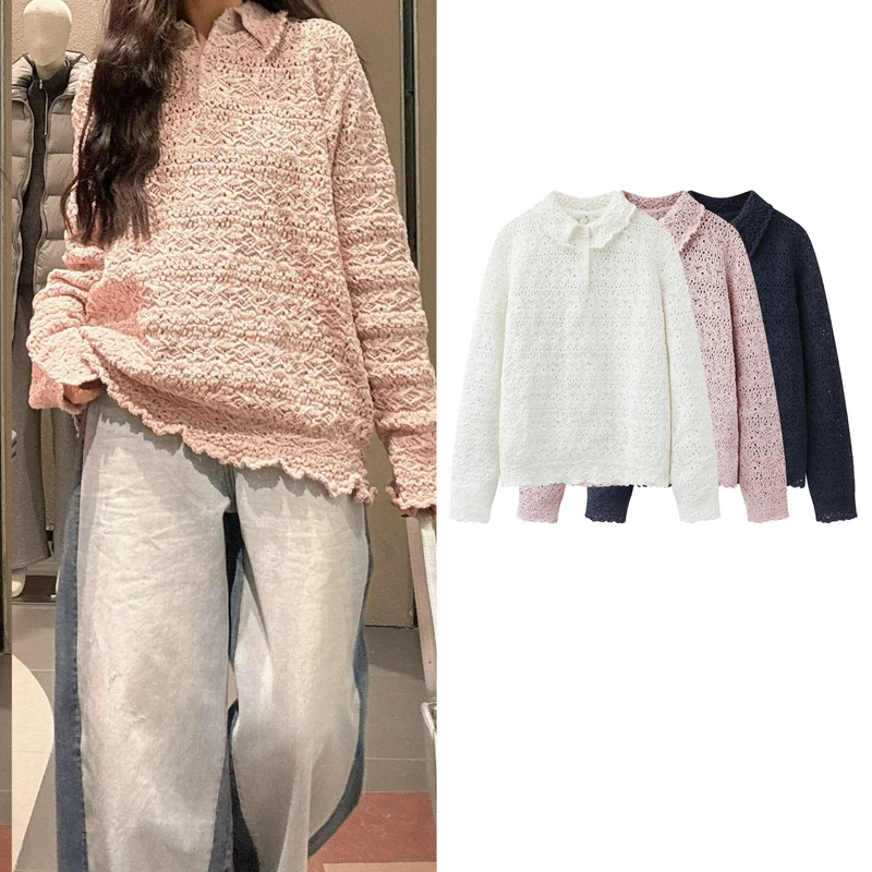 春季新款纯色气质简约娃娃领镂空翻领针织衫2026套头毛衣女