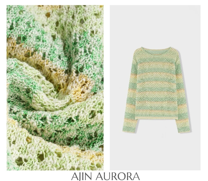 83040【青柠加冰】渐变晕染花纱挑洞休闲圆领套头针织衫A1