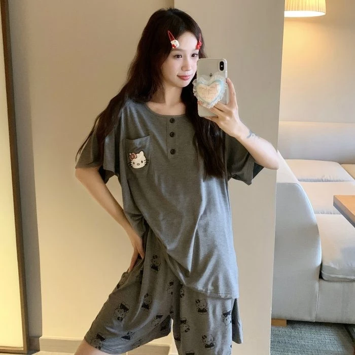 大码超萌Hello Kitty刺绣睡衣黑色短袖+卡通印花短裤家居服可外穿