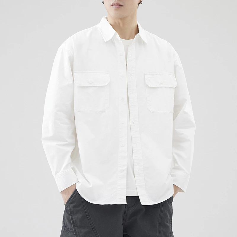 日系宽松休闲男士长袖纯棉衬衫纯色简约潮流时尚百搭翻领透气春季