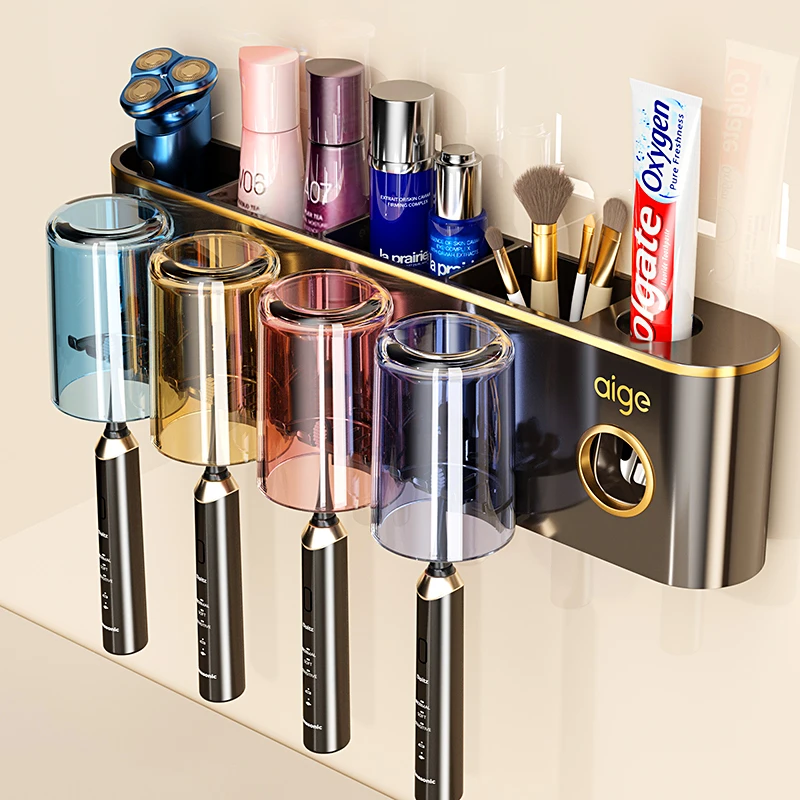 爱格吸盘牙刷置物架壁挂式免打孔卫生间漱口杯架电动牙膏牙刷架子