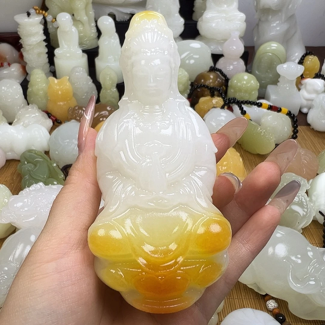 石材观音黄沁色摆件