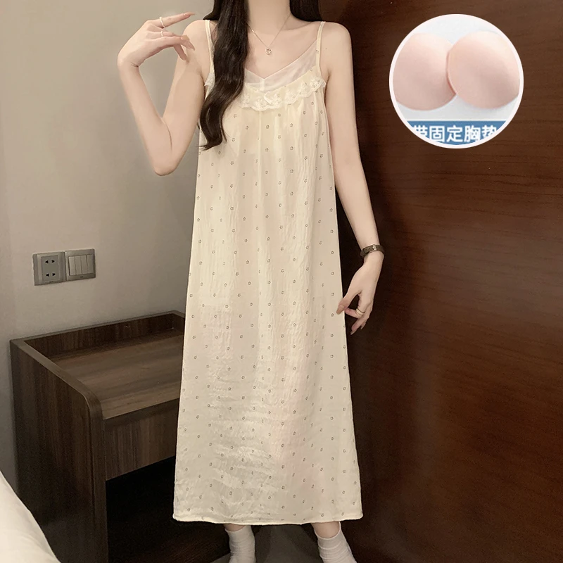 夏季胸垫睡衣女吊带睡裙甜美可爱碎花蕾丝边大码宽松小香风家居服