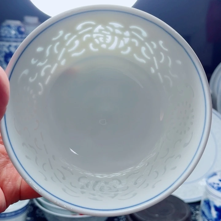 青花玲珑5寸饭碗满雕双福双线