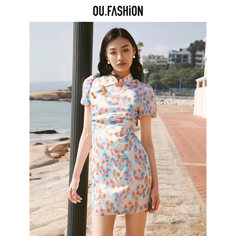 OU.FASHION/欧点改良旗袍版型碎花桑蚕丝短袖连衣裙1122420178