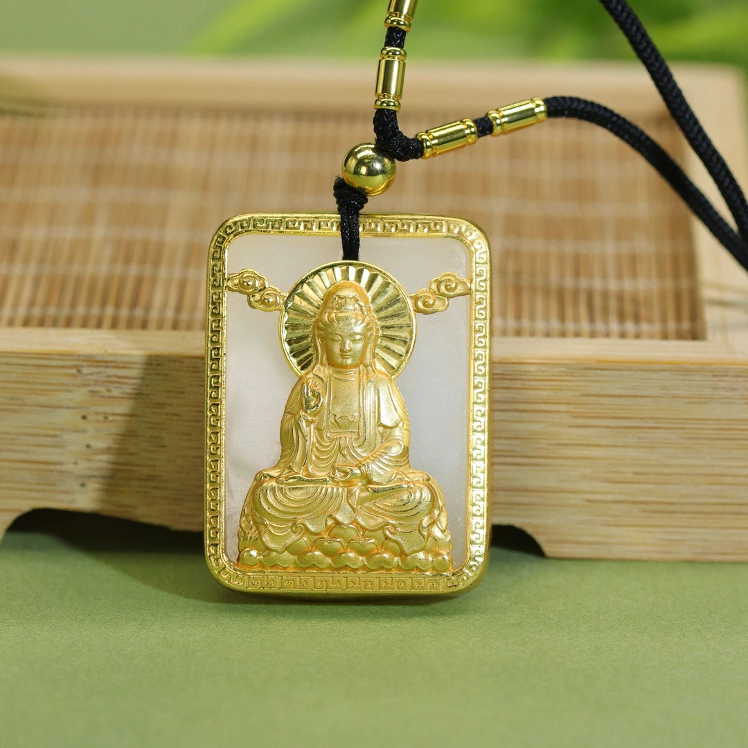 天然新疆玉石观音菩萨普度众生古法工艺男女款吊坠金丝玉无事Y640