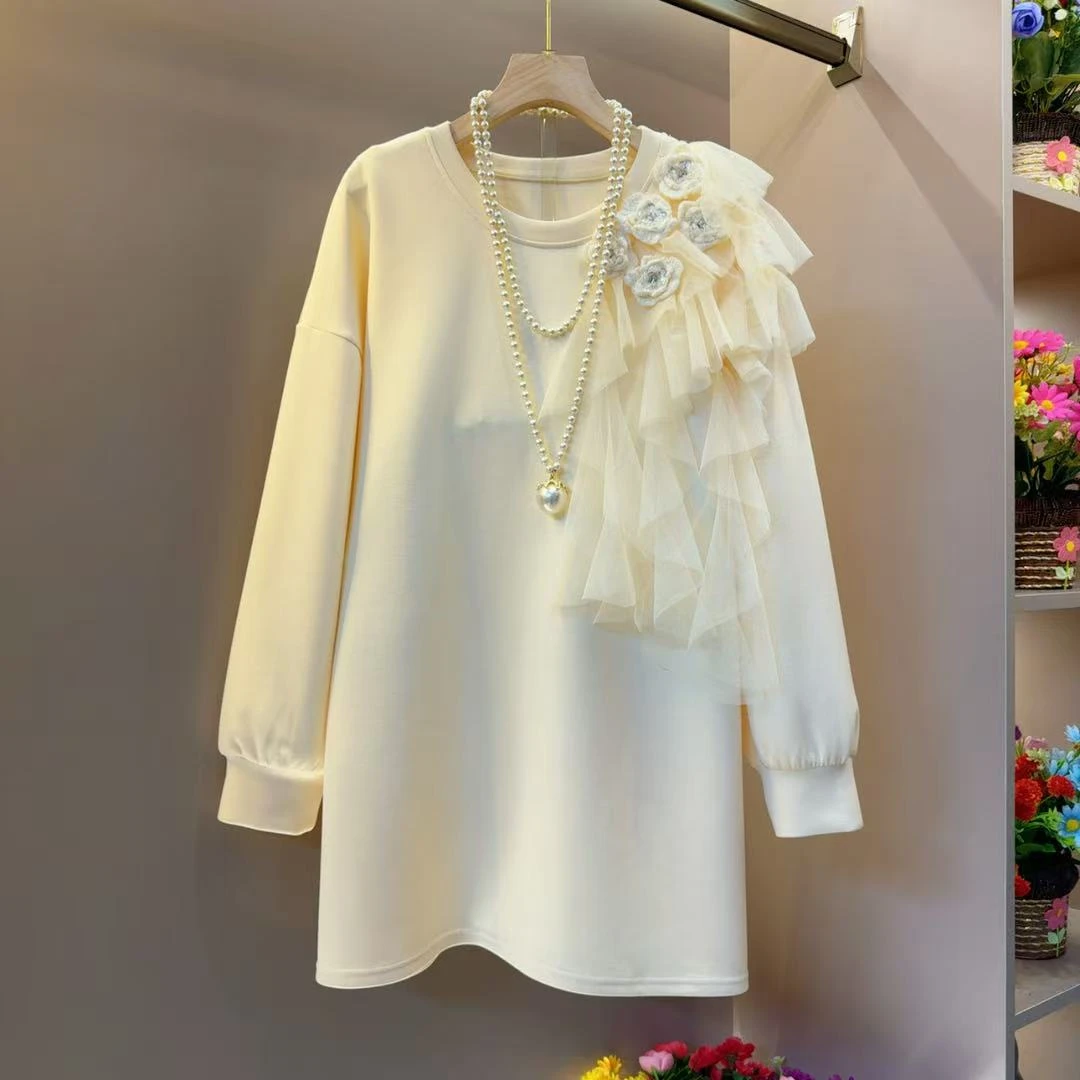 韩系花朵纱网拼接网红气质卫衣长袖百搭衣长80左右