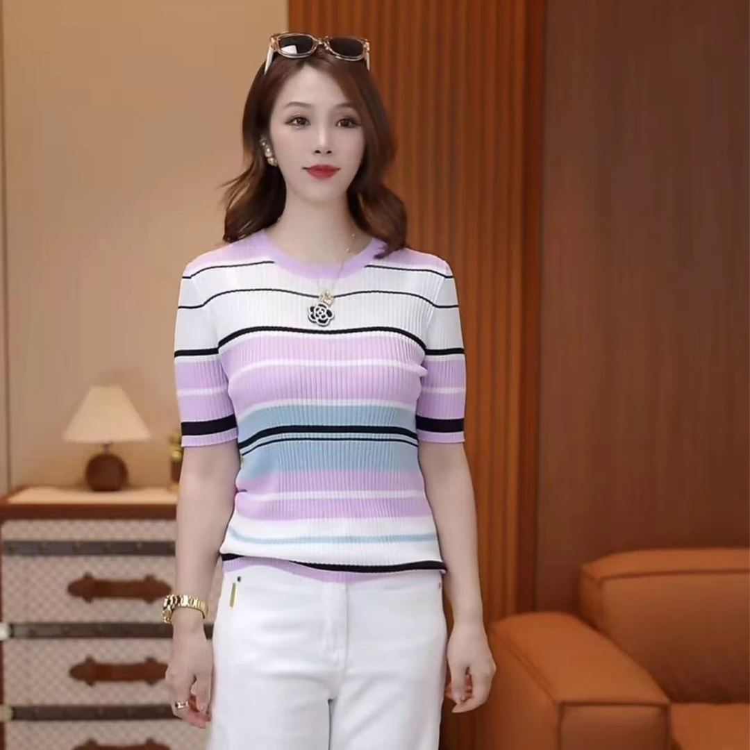 【条纹山茶花】莱赛尔休闲针织衫百搭串珠短袖XY25171