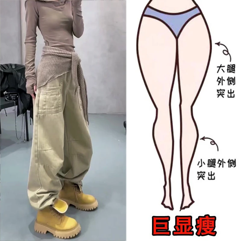 早秋新款大码女装高腰设计感工装牛仔裤梨形身材显瘦宽松阔腿长裤