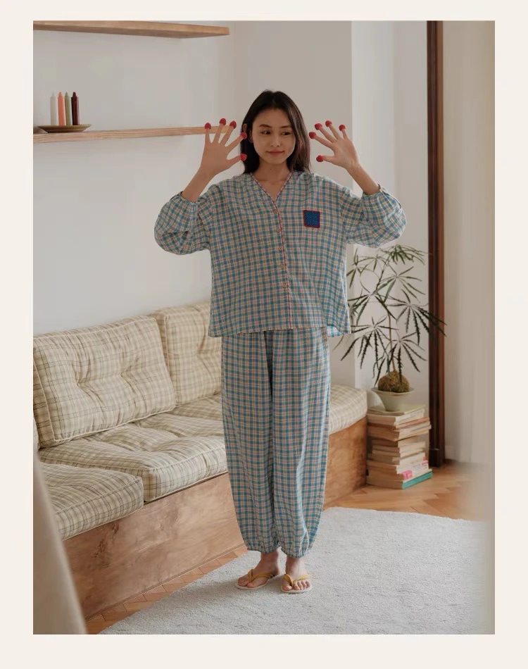 朵朵可可睡衣女2025春夏新款棉麻撞色甜美格纹长袖长裤家居服套装