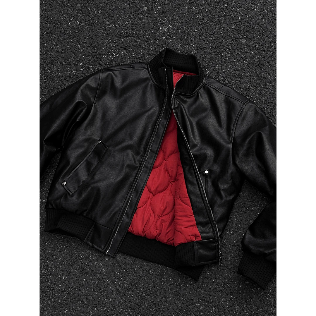 秋季新品美式复古飞行员皮衣夹克痞帅潮流立领百搭保暖夹棉外套