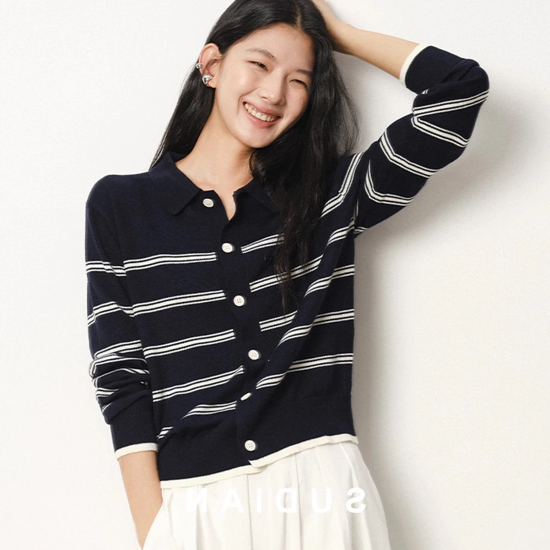 时尚翻领长袖条纹针织衫上衣女2025早秋季优雅休闲风显瘦圆领开衫