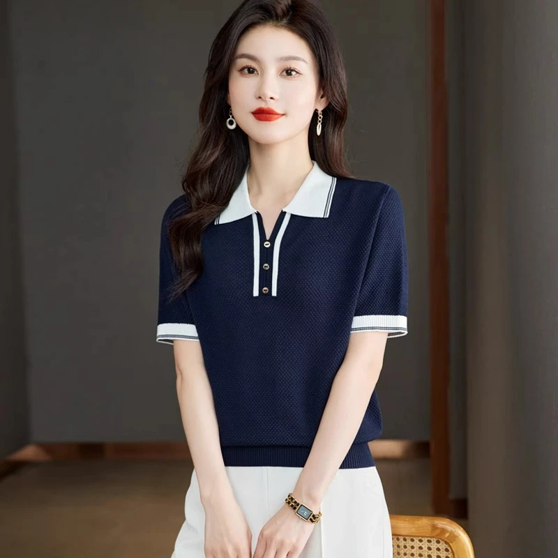 2025夏季POLO领冰丝针织t恤衫女装洋气时尚宽松小众百搭减龄上衣