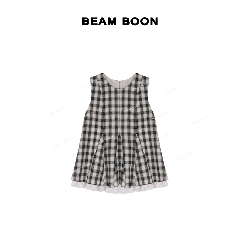 Beam Boon|【甜妹儿】ins莱赛尔亚麻立裁拼接百褶假两件无袖背心