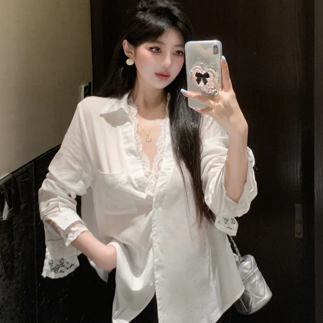 假两件白色衬衫女夏季高级感别致绝美上衣中长款蕾丝衬衣