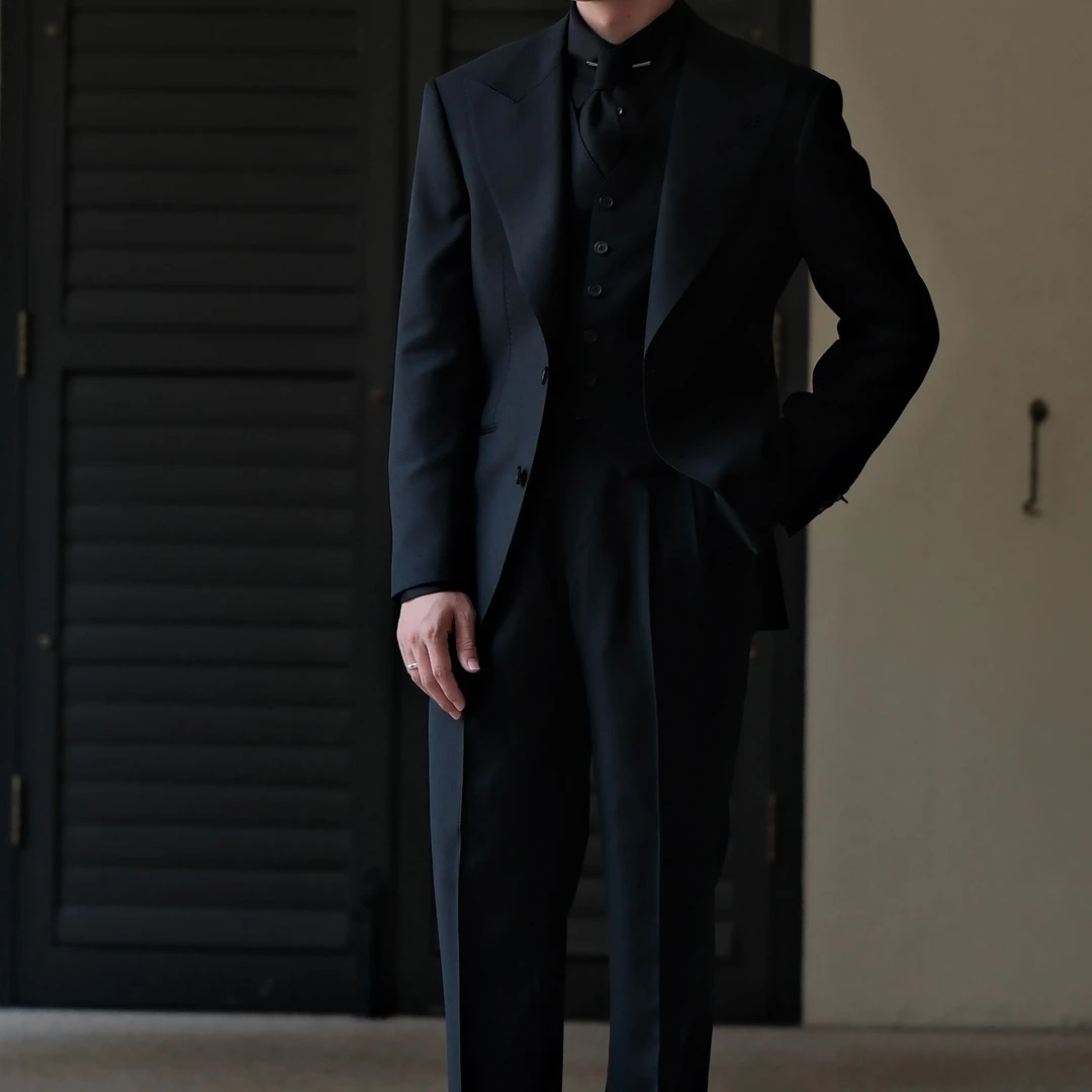 SEEKMITED黑色大枪领西服羊毛半麻衬工艺西装