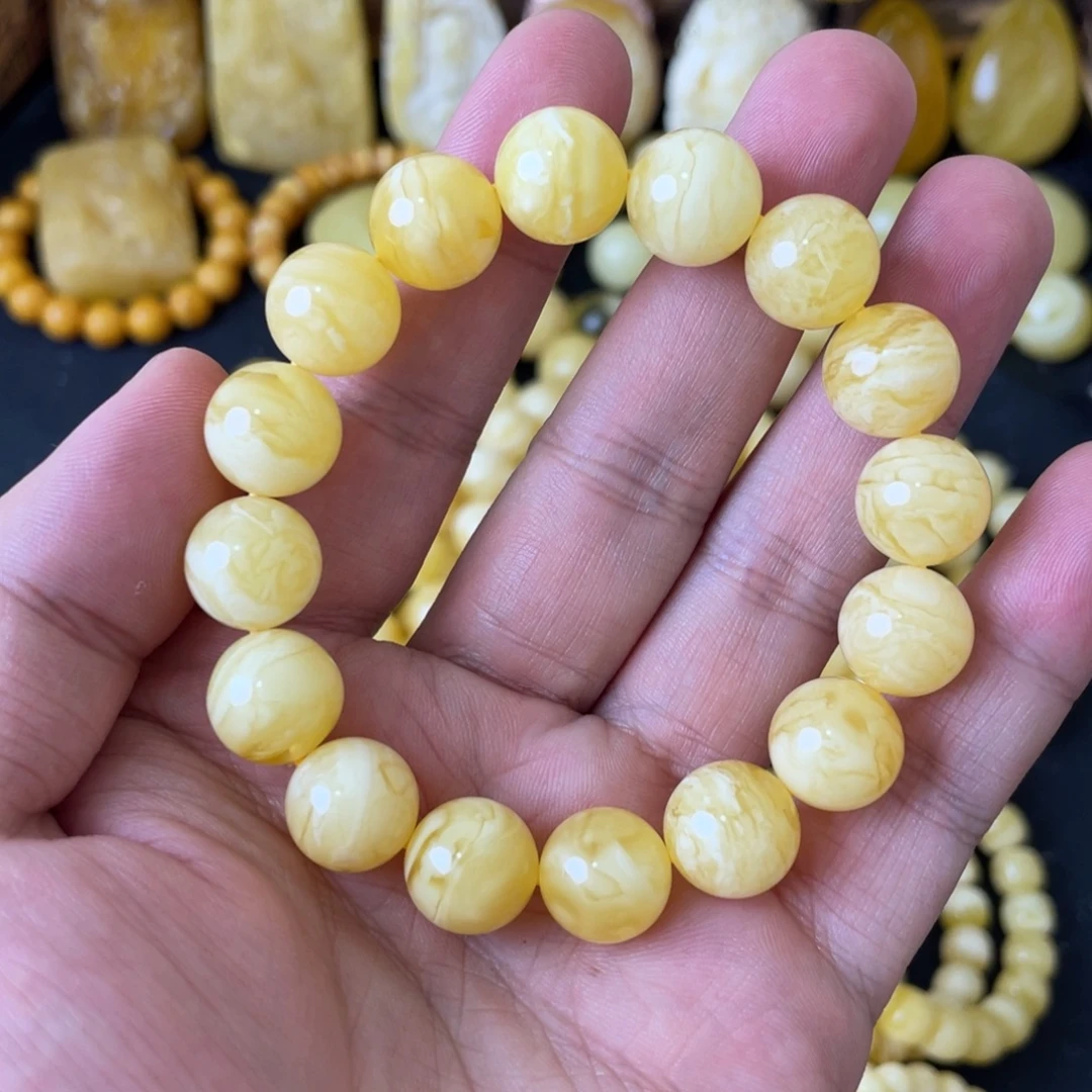 手串琥珀未镶嵌12+俄料虎皮妖白花圆珠手串