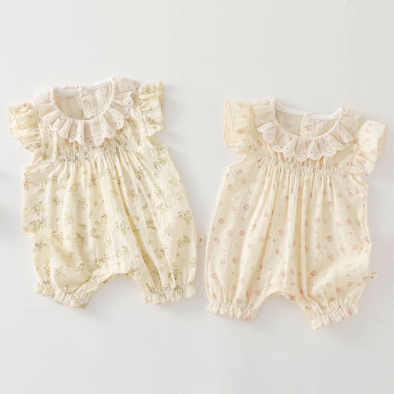 【高档提花】夏季婴儿女童无袖哈衣花边公主风纯棉外出服周岁礼