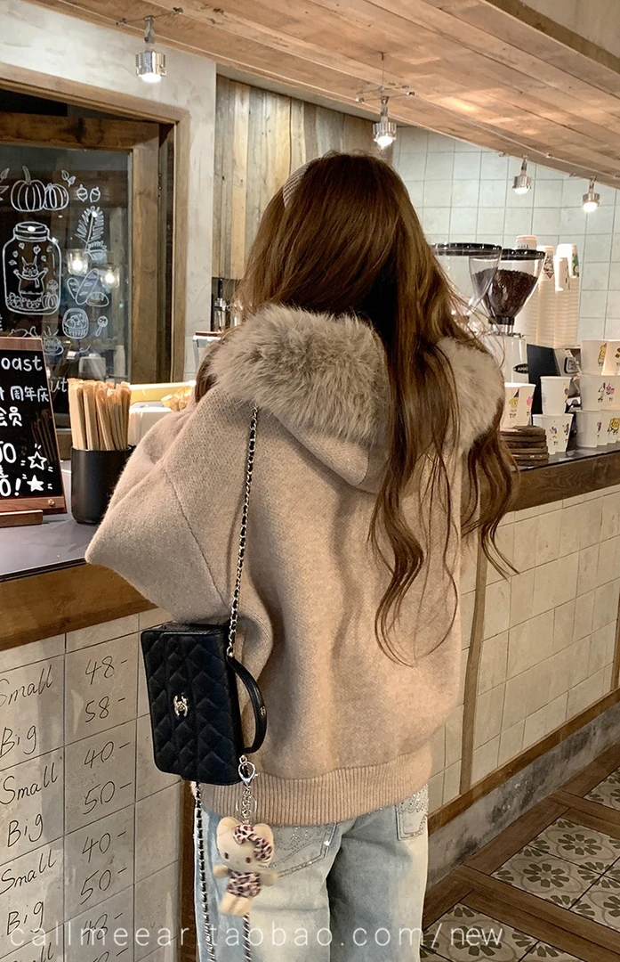 【大毛领毛衣】开衫外套女秋冬宽松显瘦软糯针织衫