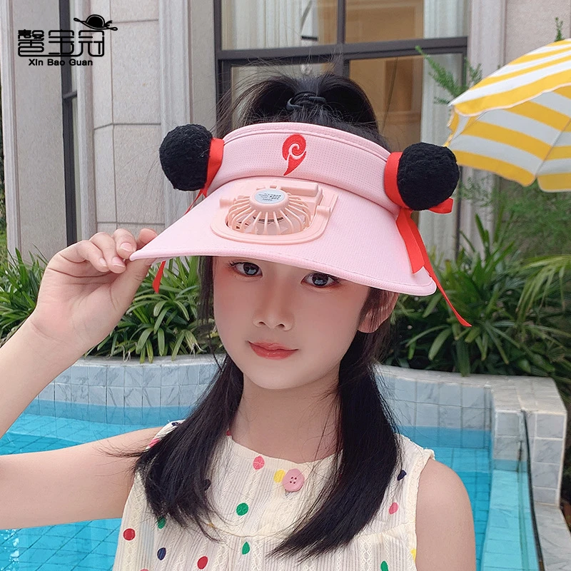 卡通哪吒儿童帽子夏季男女宝宝防晒空顶帽户外大帽檐带风扇遮阳帽