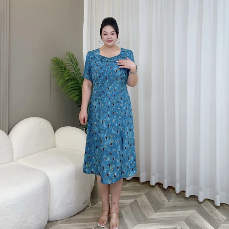 【上新梅姐】夏季新款时尚百搭简约蓝色花气质大码连衣裙MJ9378