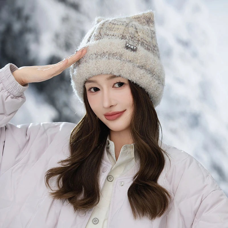 秋冬新款冷帽洋气加厚加绒防风时尚女士保暖帽卡通针织可爱显脸小