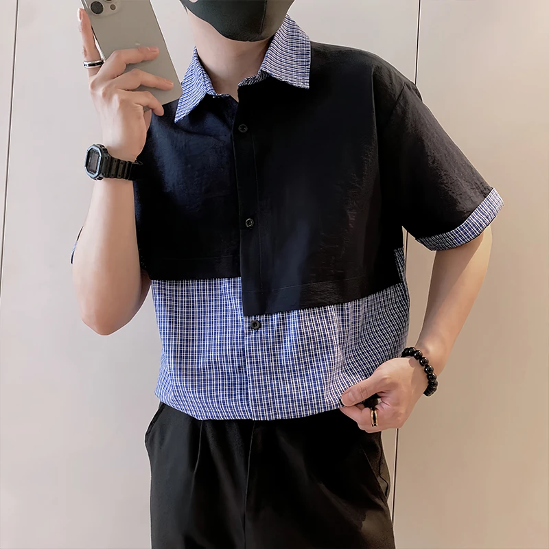 格子衬衫男士短袖夏季潮牌拼接撞色衬衣2025新款男装休闲半袖寸衫