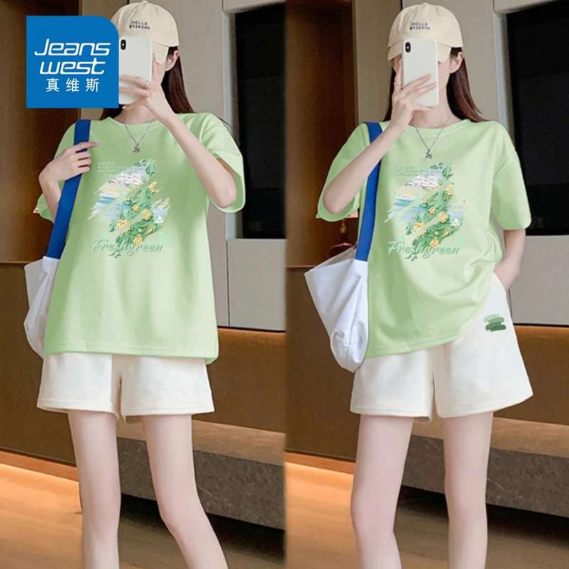 真维斯多巴胺纯棉短袖短裤运动套装女装2025新款休闲一夏日穿搭