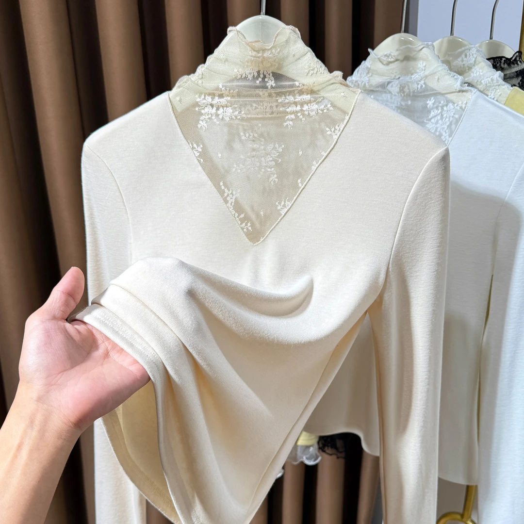 针织V领拼接蕾丝长袖女2025秋冬薄款内搭修身木耳边T恤洋气小上衣