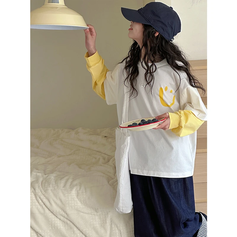 k28308韩系拼接袖女童T恤2025春装新款儿童长袖上衣春秋打底衫薄t