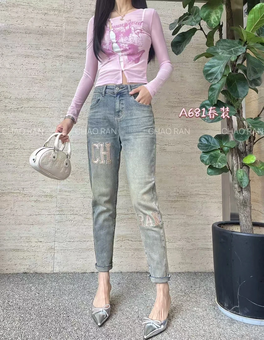 超然复古刺绣微夸老爹裤宽松显瘦高腰时尚，百搭挑战9分裤九分蓝色