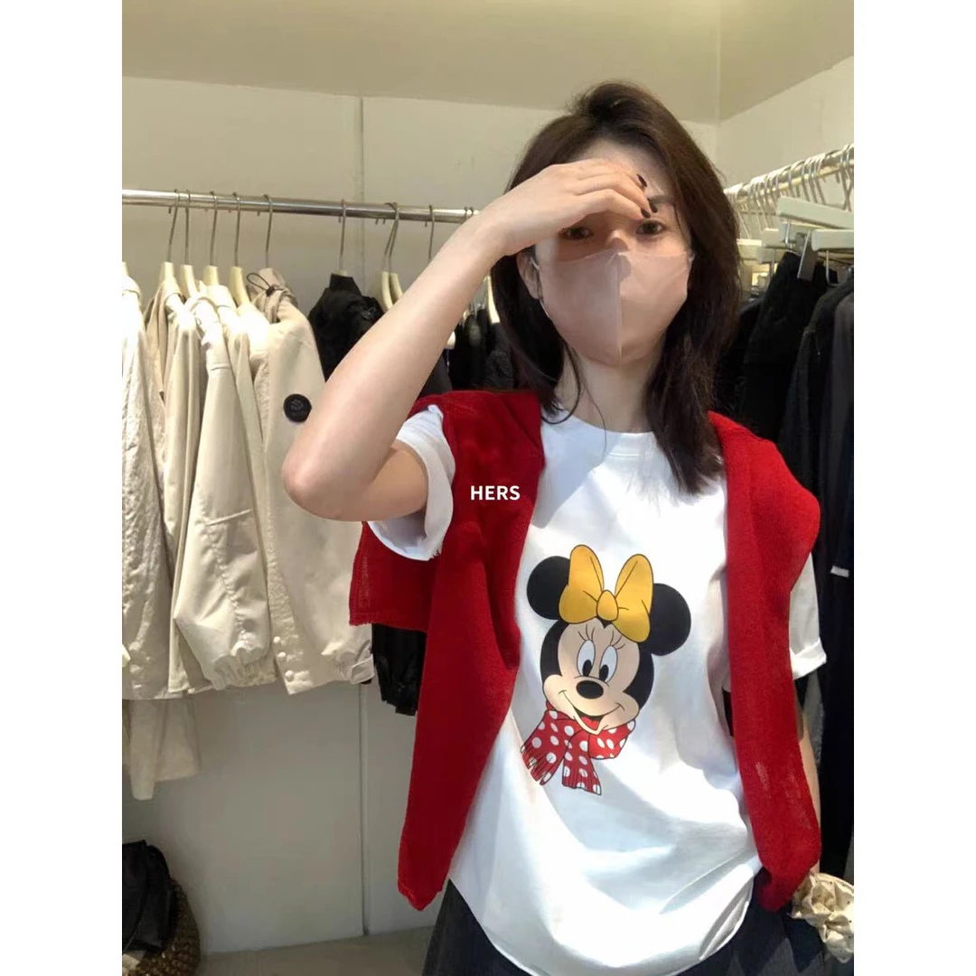 短袖宽松通勤风卡通印花T恤长款圆领情侣套装夏季C04