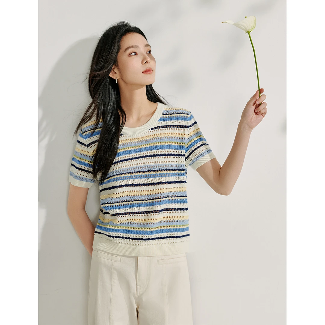 茵曼2025夏季新款女毛针织衫上衣短袖条纹显瘦薄款宽松圆领套头