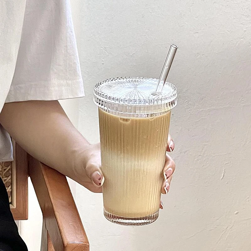 德国简约竖条纹带盖吸管杯ins风高颜值水杯牛奶咖啡杯饮料杯冰咖