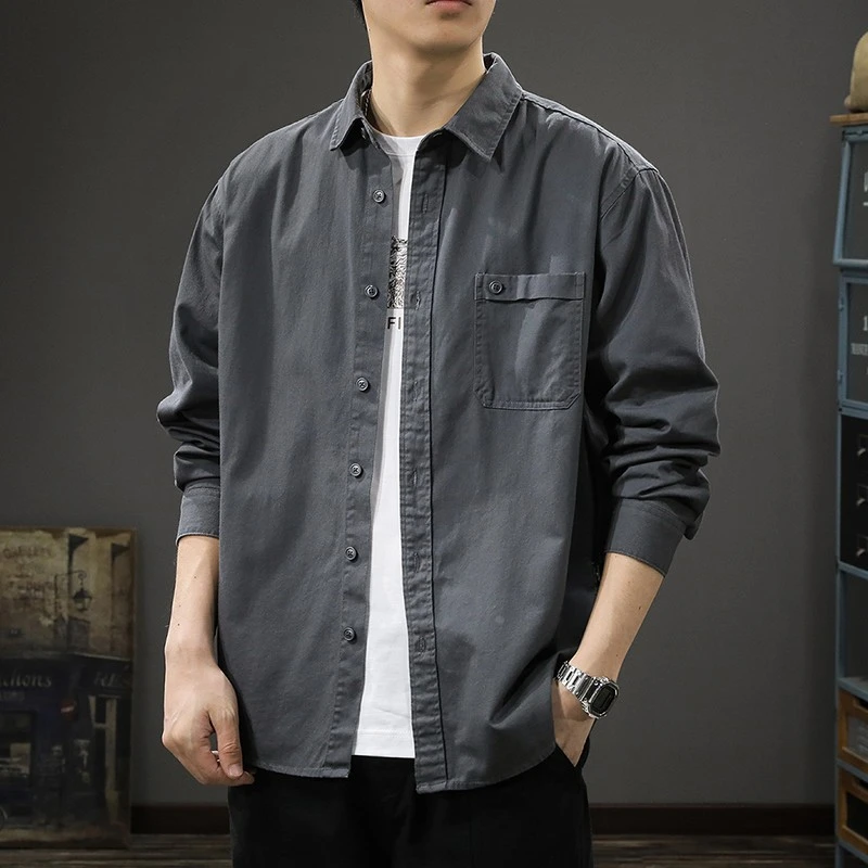 春秋新款复古纯棉长袖衬衣男宽松潮牌ins翻领衬衫休闲工装外套