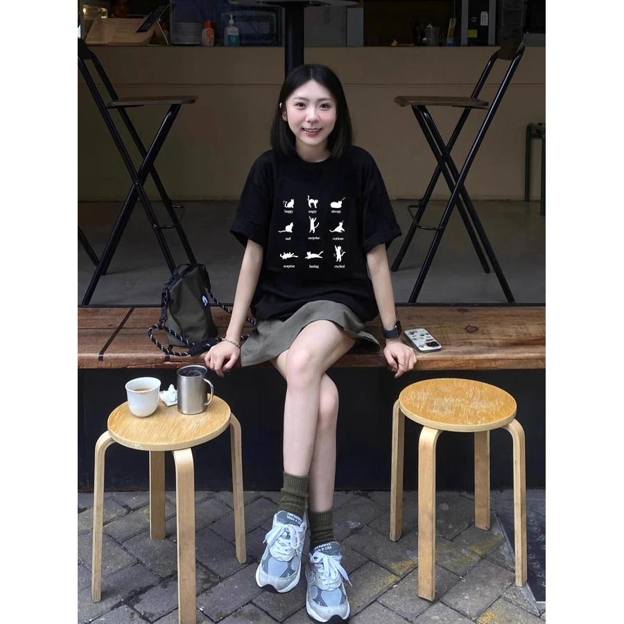 新款夏季新款爆款圆领纯棉短袖女t恤百搭慵懒风潮牌高级小众女装