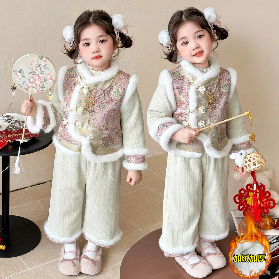 女童喜庆汉服套装冬季女宝宝加厚拜年服唐装小女孩中国风表演服装