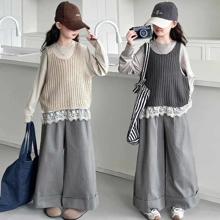 女童套装2025春装新款韩系儿童洋气蕾丝边针织背心裤子时尚三件套