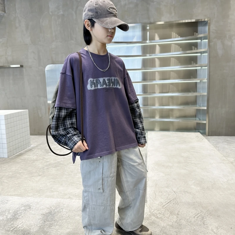 童装儿童春秋款假两件紫色卫衣中大童男童春季百搭洋气帅气衣服潮