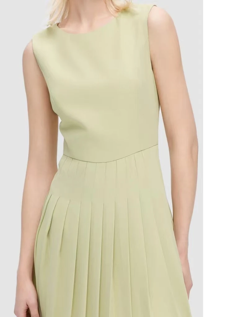 薄荷曼波拼接百褶简约无袖连衣裙女