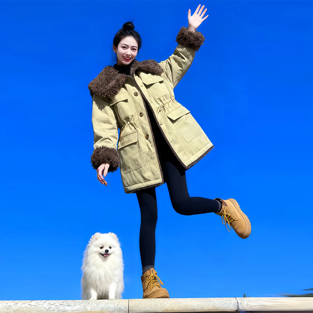 休闲通勤风中长款棉服女2026时尚气质韩版显瘦纯色拼接外套