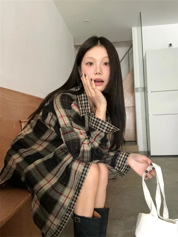 美式复古格子衬衫早秋季新款休闲长袖宽松小众百搭撞色外套衬衣