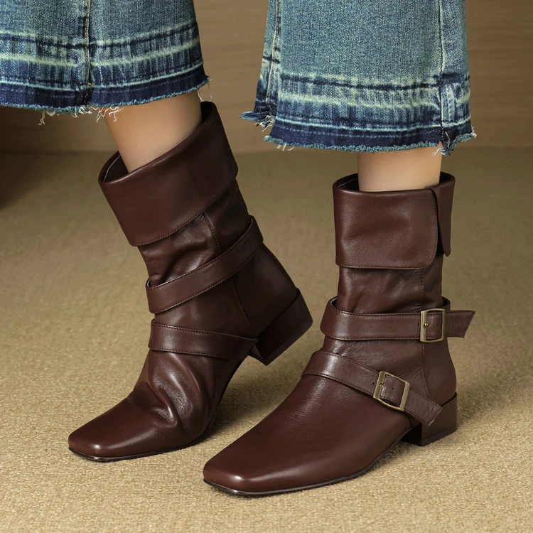 小众金属皮带扣马丁靴2025春夏新款复古气质方头切尔西靴