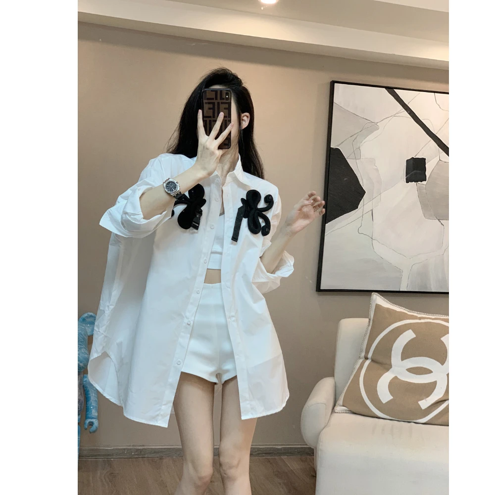 网红白色慵懒风衬衫女秋季复古港风宽松中长款长袖气质防晒衬衣潮