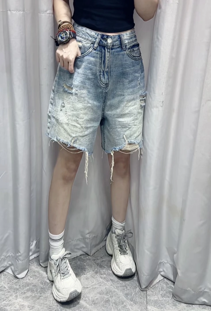 夏季时尚休闲潮流重工水洗软牛仔破洞五分裤69039